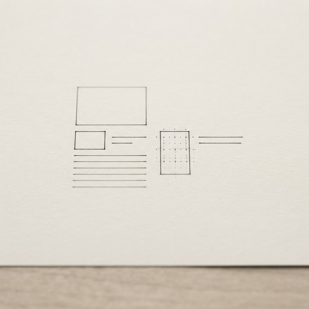 A restrained monochrome interface sketch with generous whitespace.