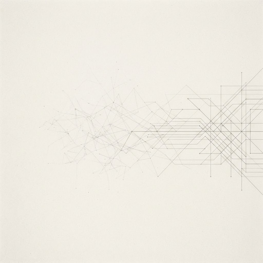 An abstract monochrome network of quiet lines resolving into structure.